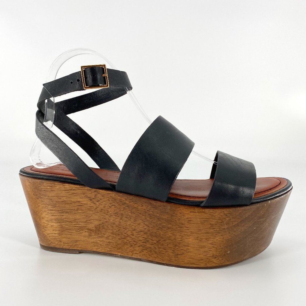 Elizabeth and James Bax Wooden Platform Leather Strappy Sandals